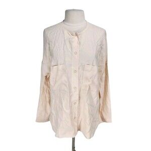 EQUIPMENT FEMME Women Button Up Tunic Top Size XL Ivory Crew Neck Long SL 309P